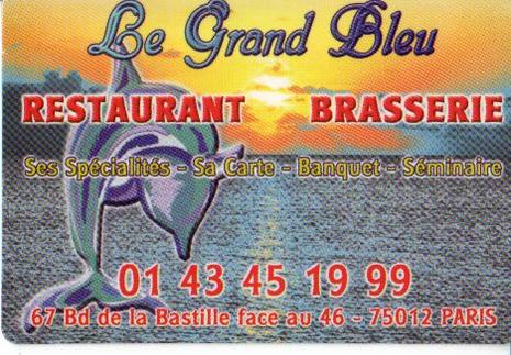 carte de visite du grand bleu restaurant de poissons sur le port de plaisance de l'arsenal à paris