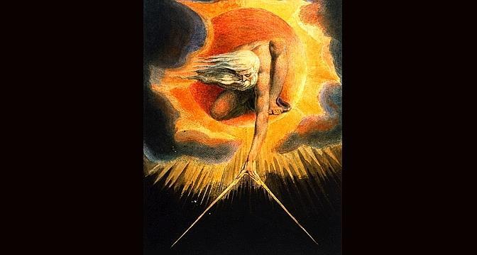 «L’Ancien des Jours» (1794).  Peintre et poète, William Blake n’aimait pas la science. Son Dieu musclé construit pourtant le cosmos à l’aide un instrument savant… 