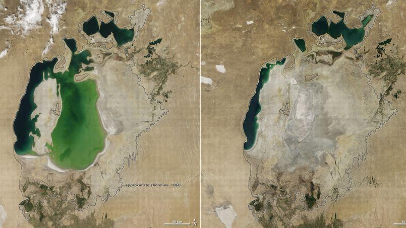 Evolution de la mer d'Aral vue par satellite entre août 2000 et août 2014.
