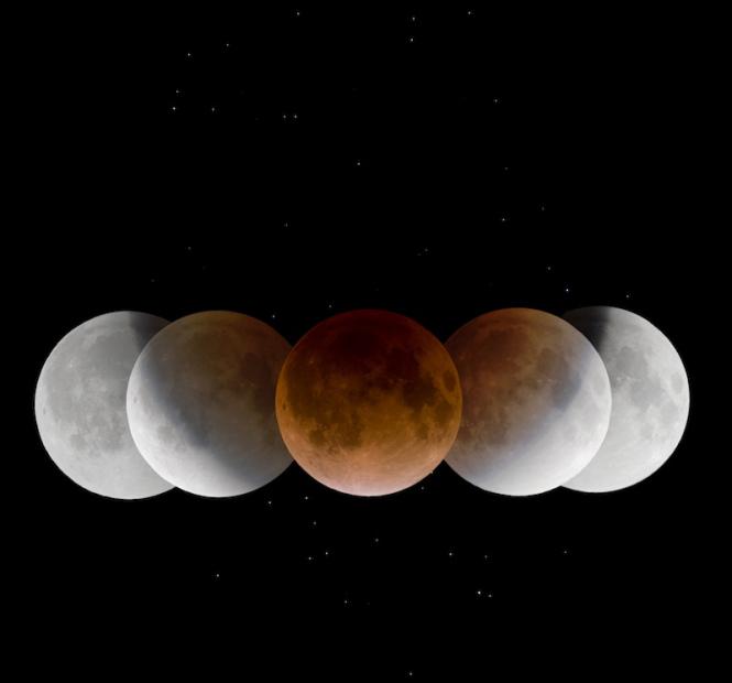 Les différentes phases d'une éclipse totale de Lune.