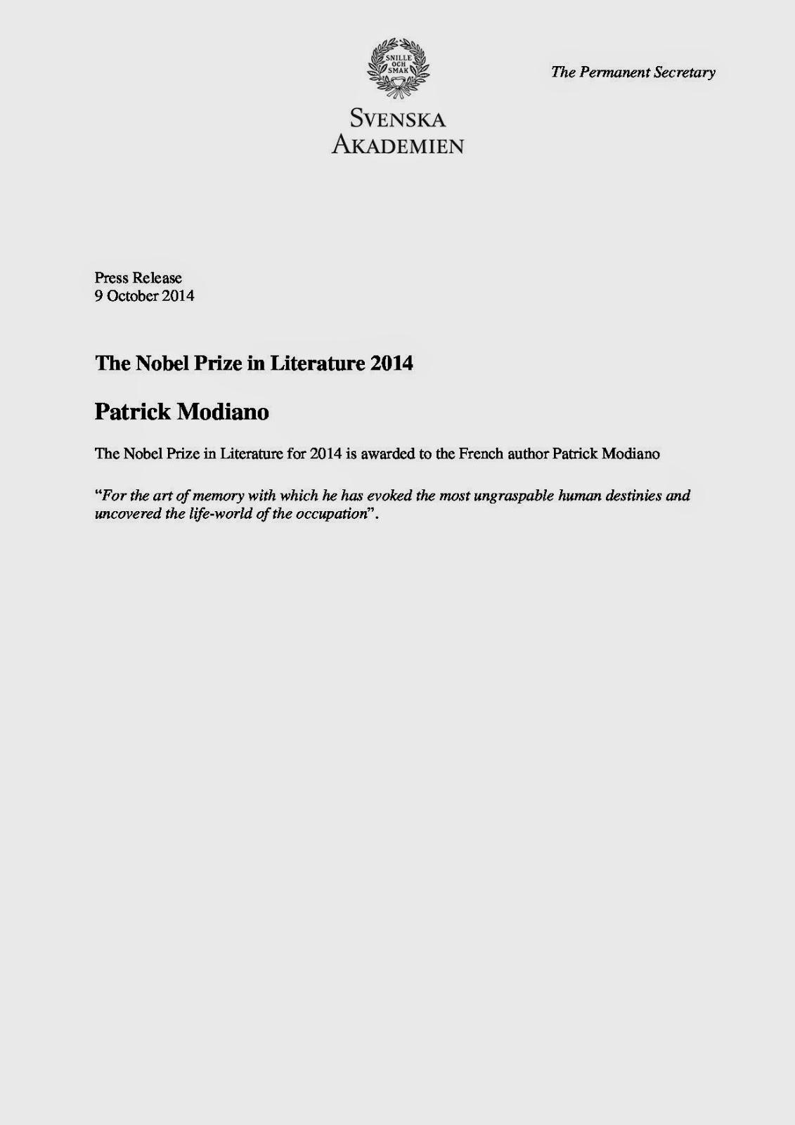 Patrick Modiano prix Nobel de littérature 2014