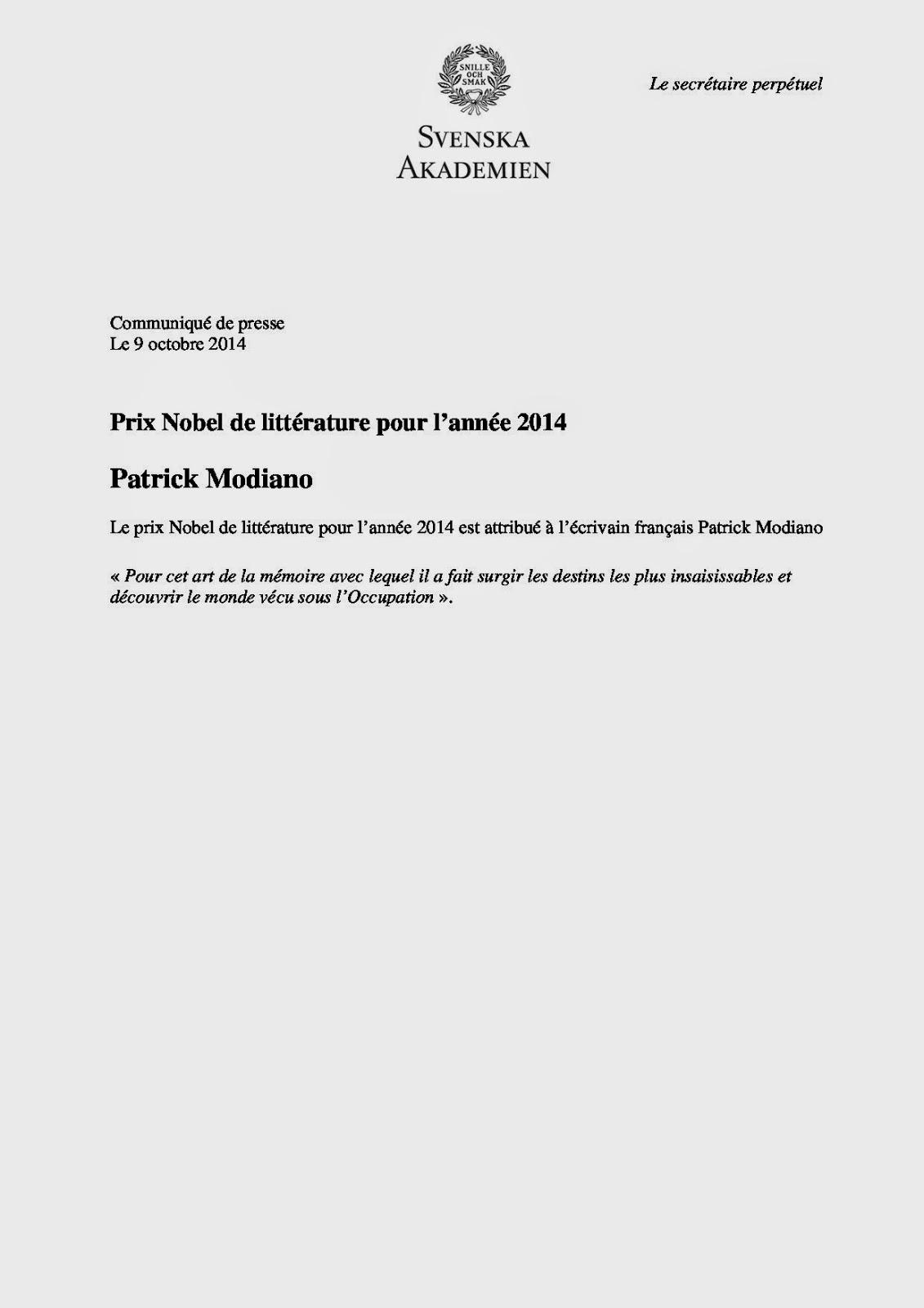 Patrick Modiano prix Nobel de littérature 2014