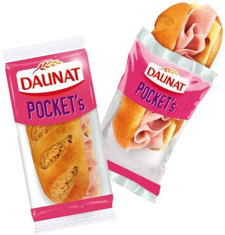 Les sandwiches Daunat Pocket's de 65 g sont regroupés par cinq dans un emballage carton vendu au rayon traiteur frais.
