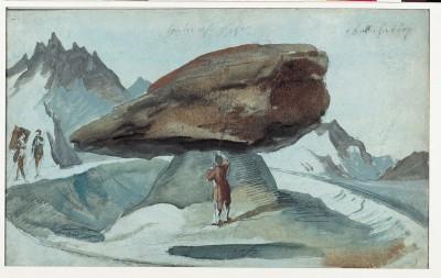 Caspar Wolf  La grosse pierre sur le glacier de Lauteraar /  Crayon et huile sur carton 24 x 38.7 cm Creditline: Kunsthaus, Aarau