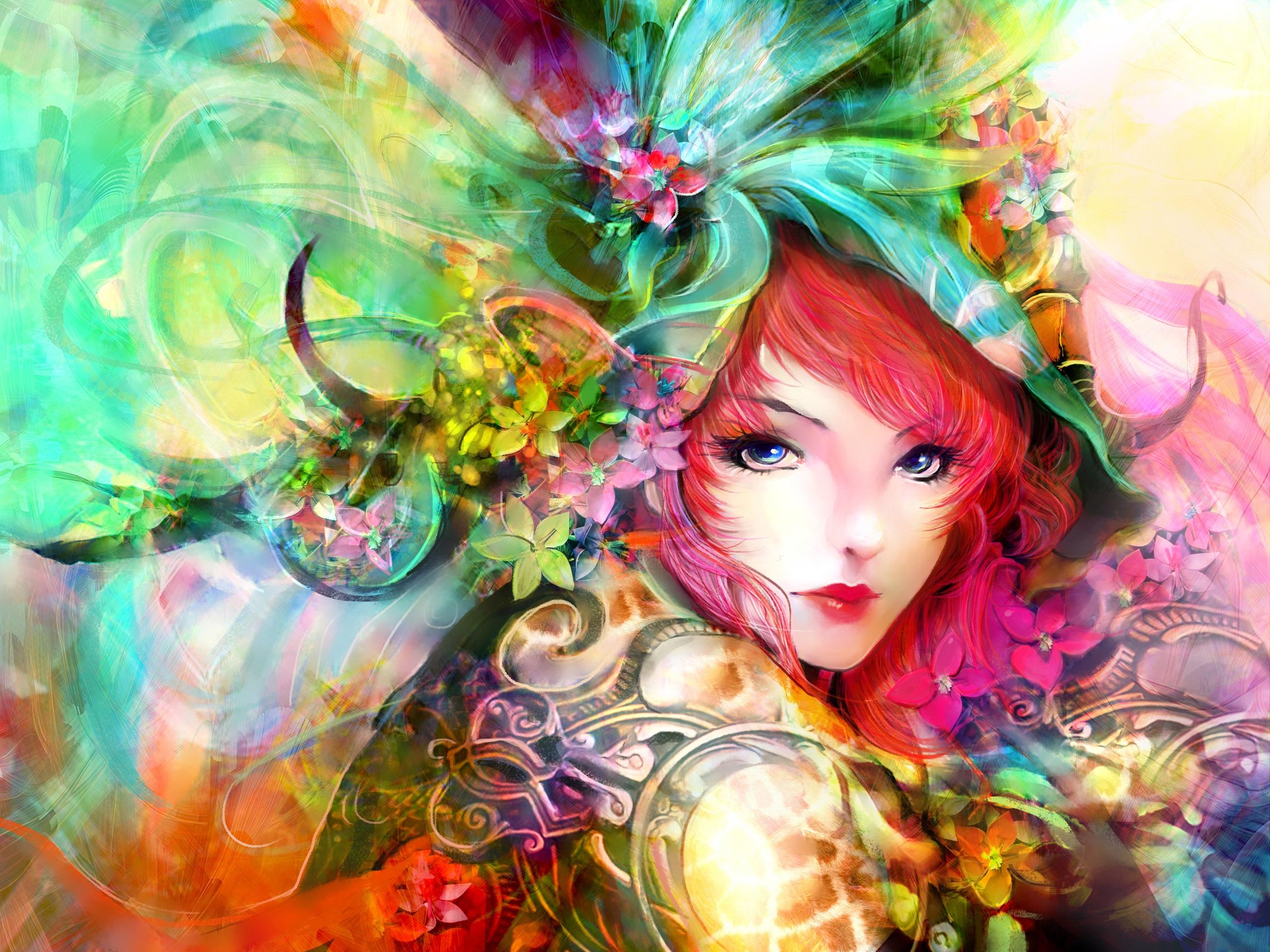 Art painting, girl, eyes, face, flowers, red hair, colorful wallpaper 2560x1920