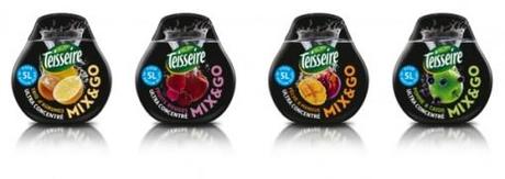 Les 4 parfums de la gamme Mix&Go: Trio d'agrumes, cassis/pomme verte, fruits rouges et pêche/mangue.