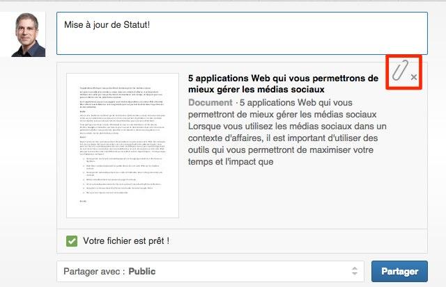 Publiez des mises à jour de statuts sur Linkedin piece jointe Linkedin : 10 astuces qui vous aideront à booster votre profil 