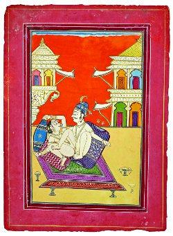 Couple aristocratique sur une terrasse École de Jodhpur Pigment naturel et rehaut d'or sur papier  26,7 x 19,1 cm  Collection privée