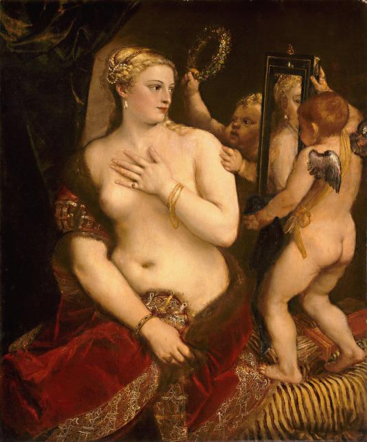 Le Titien Vénus à sa toilette, complétée en 1555, est un exemple de Vénus dépeinte à sa toilette avec Cupidon.