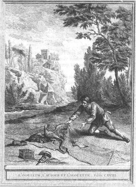 fable de la fontaine - illustration oudry - l oiseleur l autour et l alouette