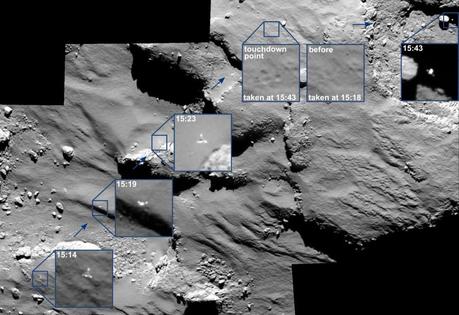 Séquence d'atterrissage de Philae, photographiée par Rosetta sur 30 mn, le 12 novembre à 15,5 km de la surface