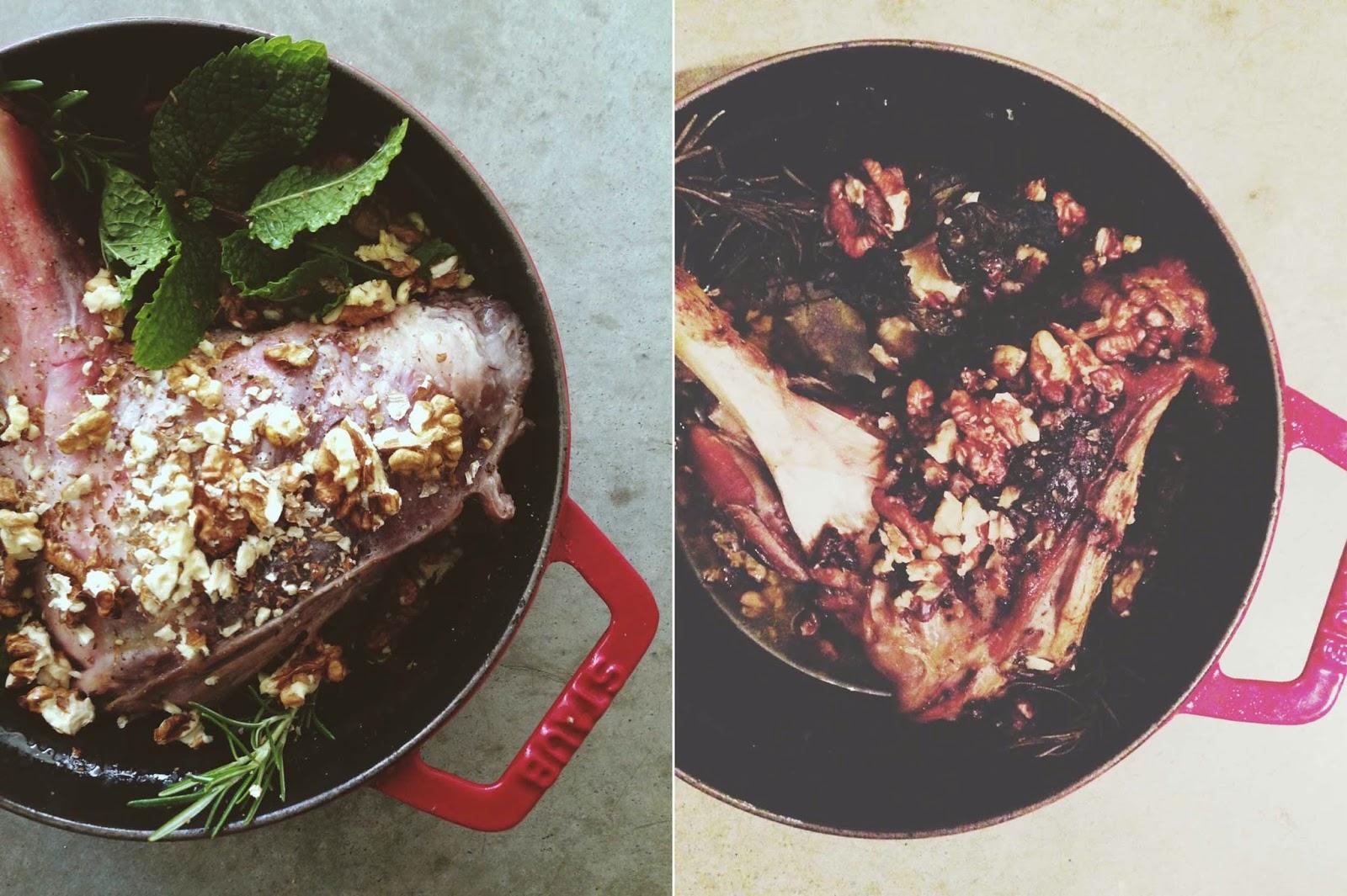 Gigot d'agneau confit en cocotte, menthe, romarin et noix broyées