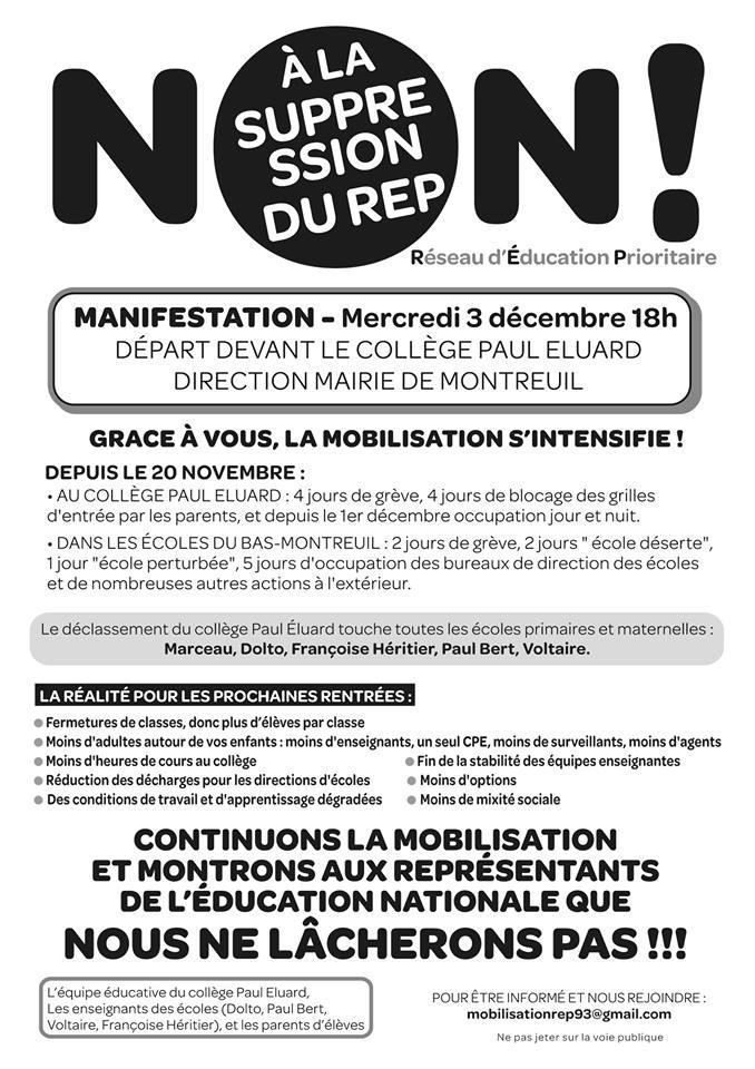 Tous et toutes à la manifestation pour le maintien du Réseau d'Education Prioritaire dans le bas-Montreuil. Mercredi 3 décembre à 18h devant le collège P.Eluard.