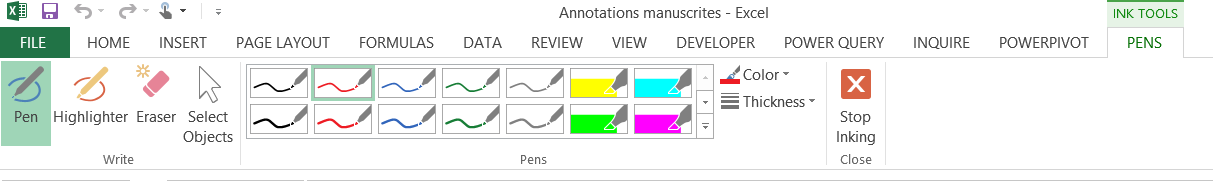 Excel: Annotations manuscrites - Menu contextuel
