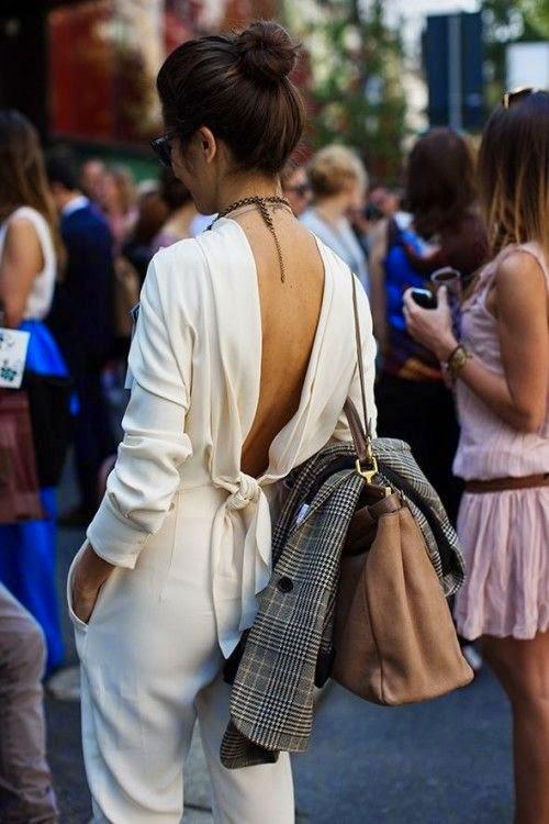 Street Style / Sexy jumpsuit + White + Messy bun = How to be hot without revealing too much !