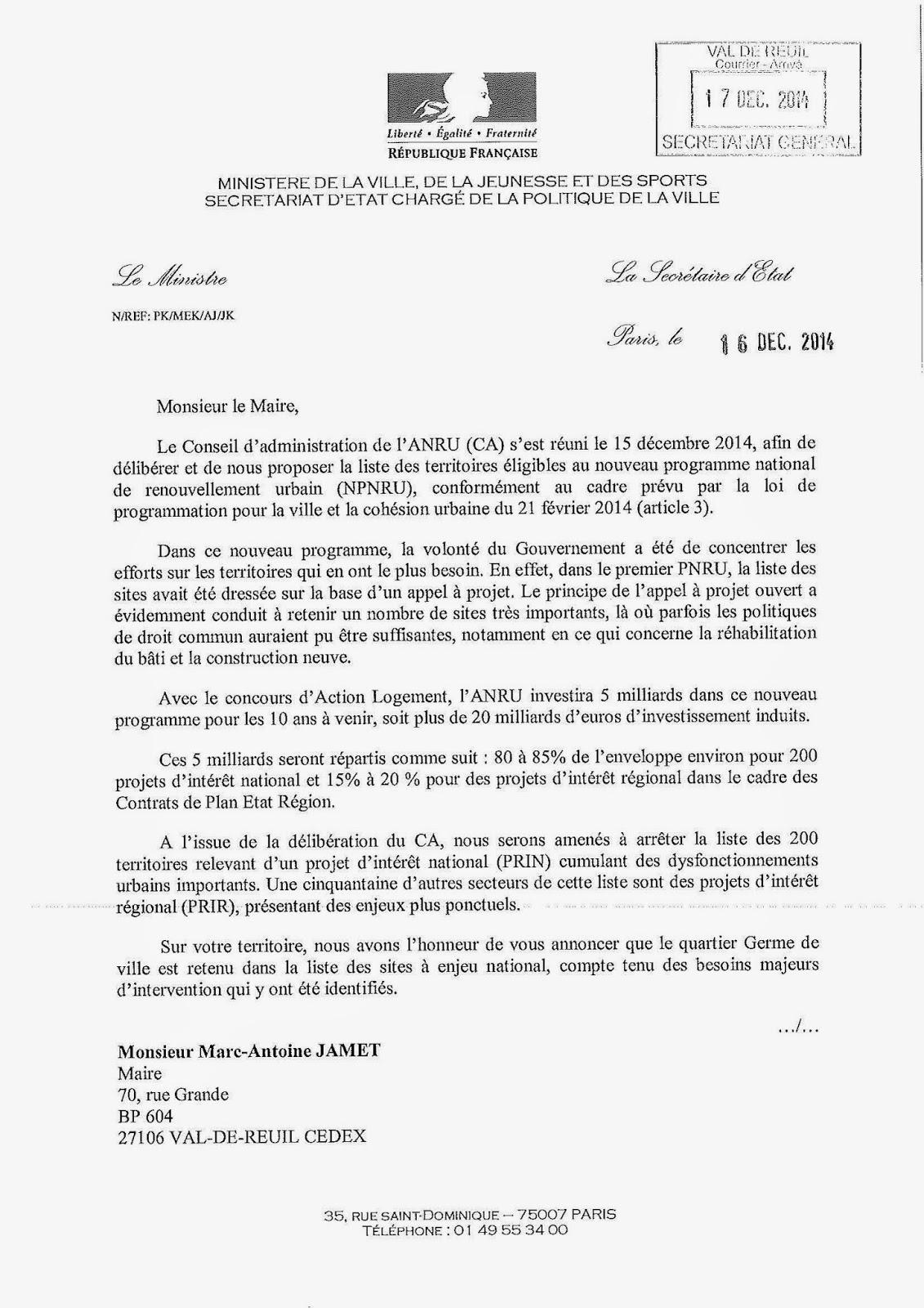 Renouvellement urbain : les ministres écrivent au maire de Val-de-Reuil