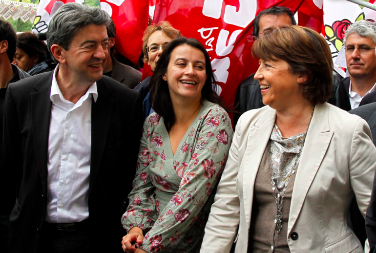 Jean-Luc Mélenchon, Cécile Duflot et Martine Aubry, lors des manifestations contre la réforme des retraites, en octobre 2010