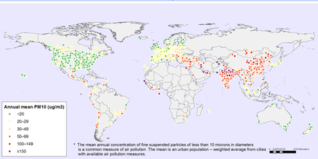 Concentration annuelle en particules fines PM10 dans 1 600 villes de 91 pays, entre 2008 et 2013.