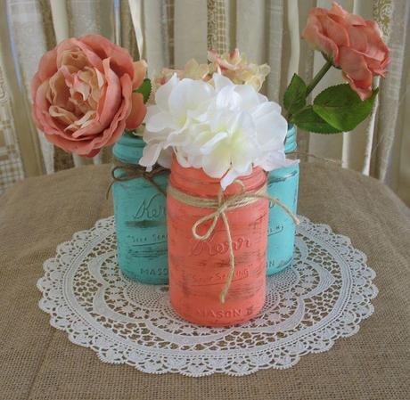 Mason Jars, Ball jars, Painted Mason Jars, Flower Vases, Rustic Wedding Centerpieces, turquoise and coral mason jars. $24.00, via Etsy.