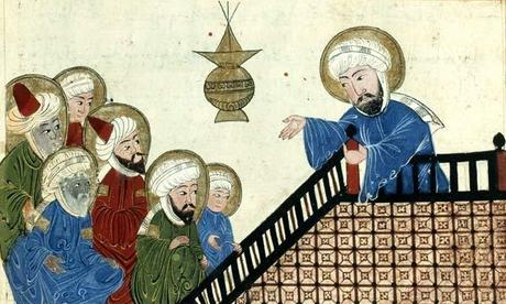 Une miniature célèbre représentant Muhammad et les traits de son visage, extraite de l’ouvrage d’al-Bîrûnî, al-Âthâr al-bâqiya, Iran, XVIe siècle (Paris, BnF, Manuscrits orientaux, Arabe 1489, fol. 5v). Cette image est celle que l’éditeur Belin avait choisi de flouter dans l’un de ses manuels d’histoire destiné aux classes de 5e, en 2005