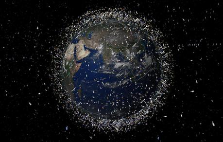 Le champ de débris présenté ci-dessus est basé sur des données réelles, mais la taille des objets a été exagérée (Image : ESA).