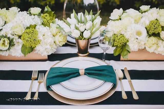 Emerald green wedding inspiration with black and white stripes, Kate Spade style!