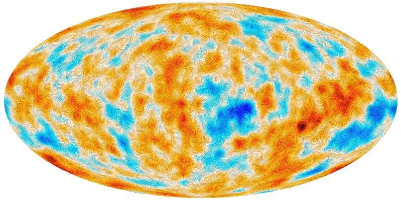 Carte 1: La polarisation du rayonnement fossile, la première lumière émise 380.000 ans après le big bang. <i>(Crédits: ESA/collaboration Planck/CNRS)</i>