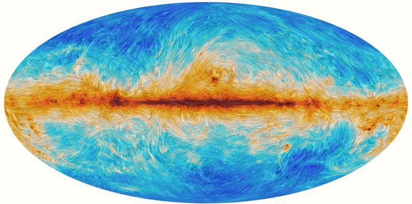 Carte 2: La polarisation de la lumière émise par les poussières de notre galaxie. <i>(Crédits: ESA/collaboration Planck/CNRS)</i>