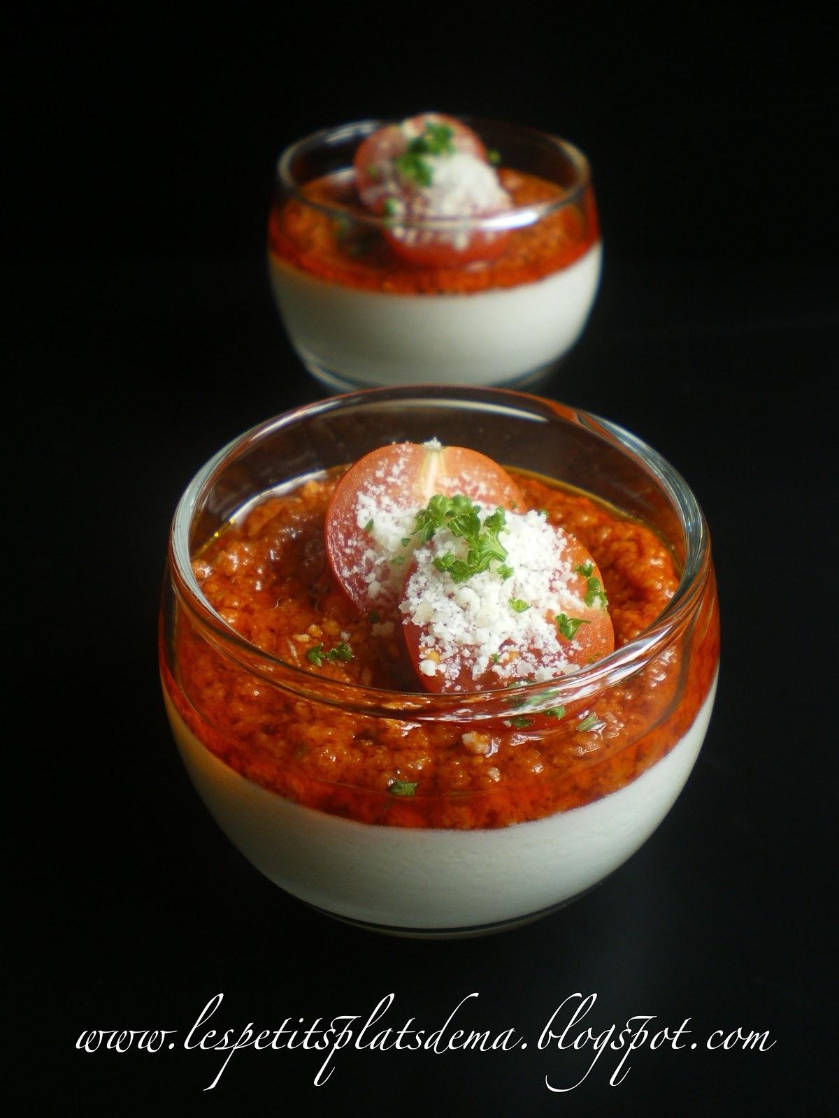Panna cotta au parmesan et caviar de tomates aux amandes