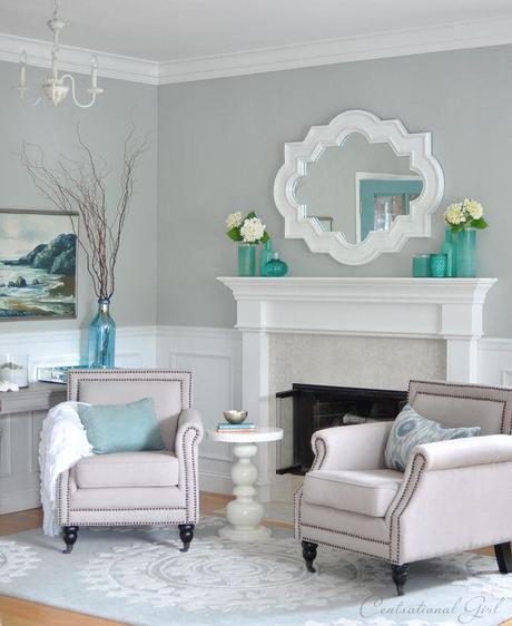 couleur décoration salon gris neutre touches turquoise