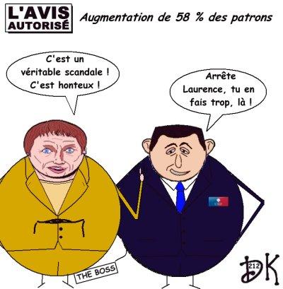 Tags : augmentation du salaire des patrons du CAC 40 de 58 %, L'expansion, PDG, Nicolas Sarkozy, Stock options, dirigeants, Laurence Parisot, MEDED, gouvernement, UMP, libéralisme, fortune, SMIC, dessin humour