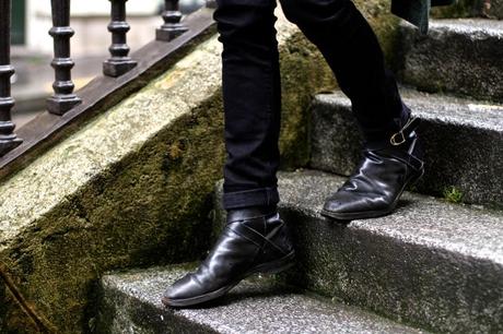 Blog-mode-homme-style-Paris_NEWLOOK-Blazer-carreaux_Chemise-fanelle-vert_Skinny-noir_veste_boots-bouvles-Loden-Khaki-cravate-tricottée-preppy-dandy