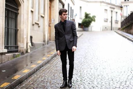 Blog-mode-homme-style-Paris_NEWLOOK-Blazer-carreaux_Chemise-fanelle-vert_Skinny-noir_veste_boots-bouvles-Loden-Khaki-cravate-tricottée-preppy-dandy