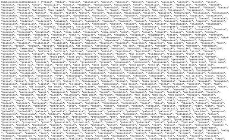 Copie d'écran du code soure des mots interdits