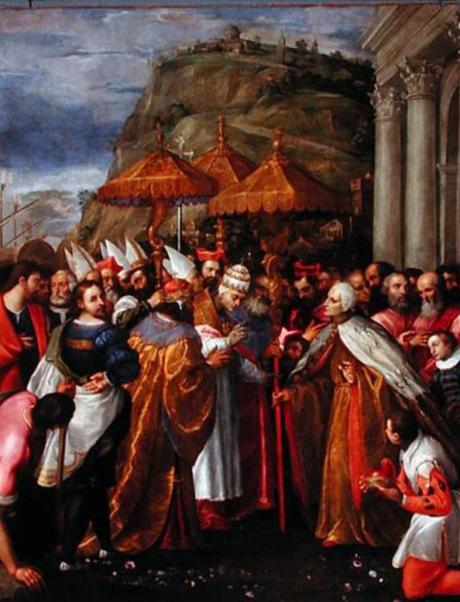 Paix de Venise (1177) : Alexandre III, l'empereur Barberousse et le Doge se rencontrent à Ancône - Girolamo Gamberato, Palazzo Ducale à Venise, Grande Salle du Conseil