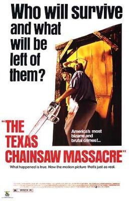 A white film poster of a man holding a large chainsaw, with a screaming woman fastened to a wall behind him. The writing on the poster says, 