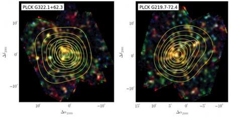 Deux candidats d’amas de galaxies à grand redshift débusqués avec Herschel-Spire. Ces images composites en trois couleurs représentent en bleu l’image à 250 microns de longueur d’onde, en vert 350 microns et en rouge 500 microns. Les contours jaunes représentent l’excès de densité de galaxies, mettant en évidence d’impressionnantes surdensités de galaxies. Le contour blanc représente la zone de détection dans Planck