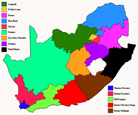 •Carte des Rugby Union en Afrique du Sud, qui correspondent aussi aux équipes de Vodacom Cup