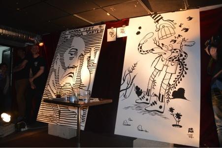 À gauche, le portrait d’Oji., à droite, la toile onirique de Mister Pee, le vainqueur du Round 2 à Paris.