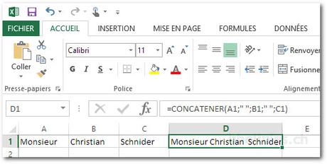 Combiner plusieurs colonnes Excel en utilisant la fonction CONCATENER