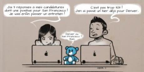 dessin ironique Celui qui trouve un emploi en premier a gagné, Sarah, Maxime et Nounou Bleu
