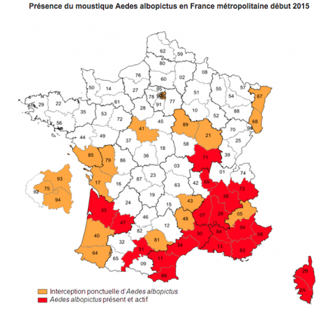 Carte de la répartition en France de Moustiques