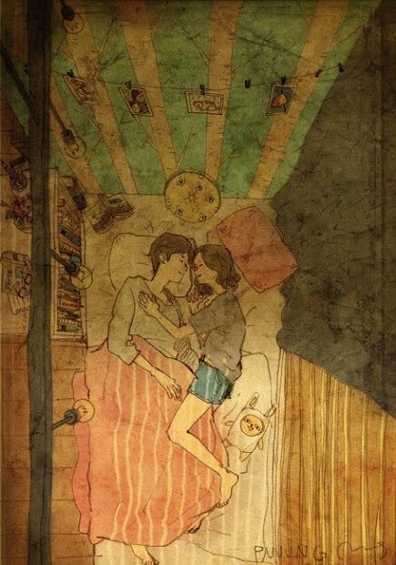 image dessin couple amoureux dans un lit artiste coréen puuug