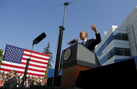 Barack Obama dans l'Oregon (côte ouest) le 8 mai. Le président américain tente de convaincre son camp de voter la motion de procédure liée au Trans-Pacific Partnership (TPP).