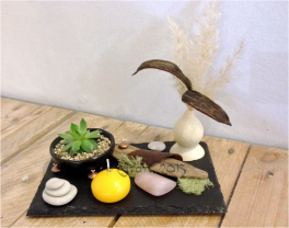 Composition végétale par elizart ( ardoise, galets, végétaux séchés, bois flotté, lichen, succulente)