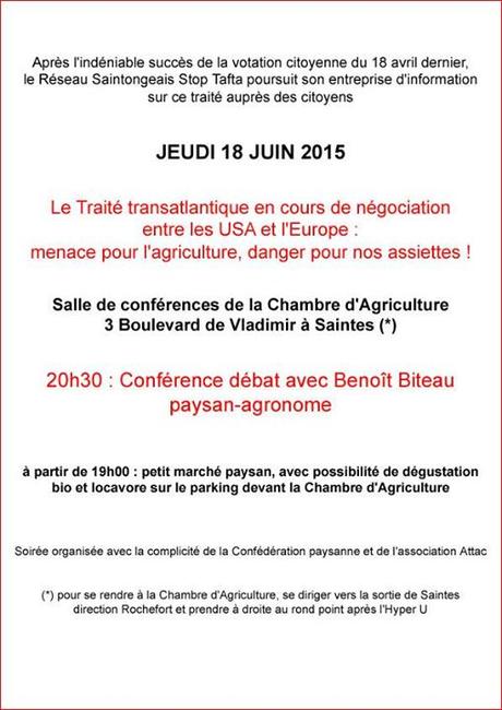 Stop TAFTA  Réseau Saintonge 18 juin à Saintes: Conférence débat Benoît Biteau menace pour l'agriculture, danger pour nos assiettes !