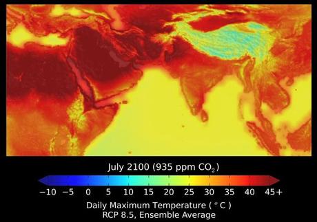 Projections de la température sur terre en juillet 2100 en fonction des émissions de CO2.