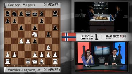 Maxime Vachier-Lagrave annule contre le champion du monde d'échecs Magnus Carlsen lors de la ronde 7 du Norway Chess 2015 - Photo © site officiel 