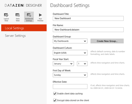 Datazen - Dashboard settings