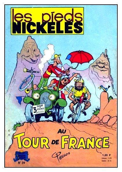 Dans son édition 2013 pour le centenaire du Tour, les éditions Vents d’Ouest ont repris cette couverture du magazine « Les pieds nickelés » datant des années 55-60 où Pellos avait envoyé son trio infernal sur les routes de la Grande boucle..